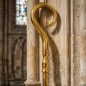 May include: A polished gold-colored metal crozier featuring a smooth, curved hook at the top, a decorative central node with subtle indentations, and a long, straight cylindrical shaft that extends downward in a vertical orientation.