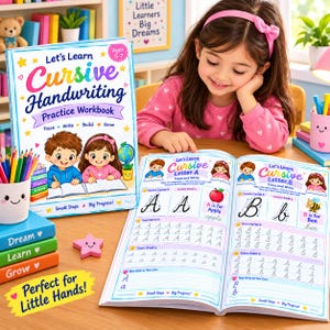 Puede incluir: Un libro de ejercicios Let's Learn Cursive Handwriting para niños de 5 a 7 años, con una portada que muestra a dos niños escribiendo y una página abierta con ejercicios de letras cursivas A y B con ilustraciones.
