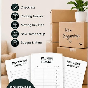 Może przedstawiać: Planer przeprowadzkowy do druku z tekstem Moving Planner, Plan, Organize, Move with less stress, Checklists, Packing Tracker, Moving Day Plan, New Home Setup, Budget & More, Printable Planner, Instant Download, PDF, Multiple Pages, Easy to Use.