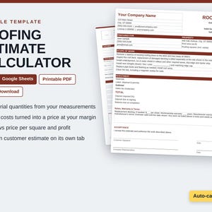 Peut inclure: Un modèle de calculateur d'estimation de toiture modifiable comprenant des sections pour les détails de l'entreprise, la portée des travaux, l'investissement et l'acceptation. Le document inclut des champs pour les quantités de matériaux, les coûts, les marges bénéficiaires et les calculs de prix par mètre carré.