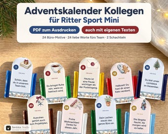 May include: An advent calendar for Ritter Sport Mini chocolates featuring 24 office-themed cards with German text, colorful wrappers, and festive illustrations. The set includes printable PDF files and customizable text options for team members.