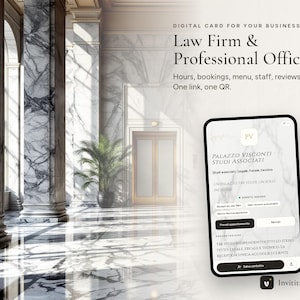 Peut inclure: Un modèle de carte de visite numérique pour cabinets d'avocats et bureaux professionnels, affichant une interface sur smartphone au motif marbré, le texte 'Law Firm & Professional Office' et un arrière-plan de colonnes en marbre.