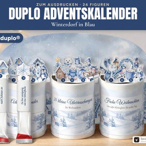 Duplo Adventskalender Winterdorf Blau, 24 Figuren mit Sprüchen zum Ausdrucken, Mini DIY Banderolen BA04