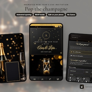 New Years Eve Party Invitation, Black Gold Champagne Animated Digital Invite, Mobile Phone Evite with RSVP, Edit on Your Phone GLNY