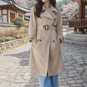 May include: A beige trench coat featuring a wide lapel collar, long sleeves with buttoned cuffs, and a matching waist belt with a dark rectangular buckle. The coat has two front pockets and is worn over light blue denim pants with wide legs.