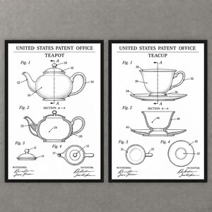 May include: Two framed black and white prints featuring United States Patent Office technical drawings. The left print displays a teapot with four figures, while the right print shows a teacup and saucer with four figures, all labelled with numbers.