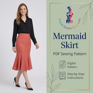 May include: A coral-colored mermaid skirt with a high waist and a flared hemline. The text reads Color Shades Creations Mermaid Skirt PDF Sewing Pattern, Digital Pattern, and Step-by-Step Instructions with a colorful abstract mannequin icon.