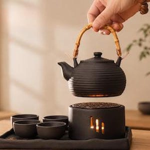 Black Clay Tea Set with Warmer Stove, Ribbed Ceramic Teapot with Bamboo Handle, 4 Tea Cups and Tray, Japanese Style Gongfu Tea Gift