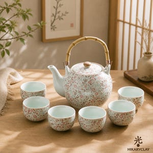 Conjunto de chá de cerâmica rosa com estampa floral, bule estilo japonês com 6 xícaras e alça de bambu, bandeja de bambu opcional, conjunto para presente para cerimônia do chá.