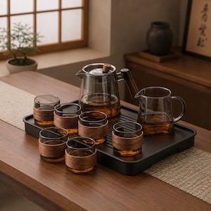 Smoked Glass Teapot Set with Wood Tone Handle, Modern Gongfu Tea Set with Cups and Tray, 600ml Glass Teapot with Infuser, Tea Gift