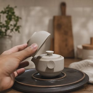 Beige keramische reistheeset met etui, theepot en kopje in Japanse stijl, draagbare Gongfu theeset voor één persoon, minimalistisch theecadeau