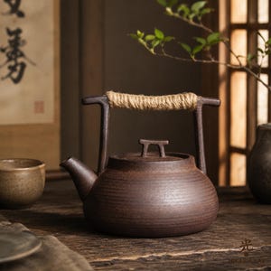 Op de afbeelding: Een donkerbruine, getextureerde keramische theepot met een horizontaal handvat omwikkeld met beige touw. De theepot heeft een korte tuit, een bijpassend deksel met een kleine greep en een ronde vorm met subtiele horizontale ribbels.