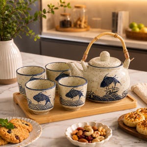 Koi Fish Ceramic Tea Set, Japanese Style Teapot with Bamboo Handle and 4 Cups, Speckled Stoneware Tea Service with Tray, 650ml Teapot
