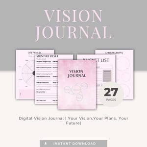 Peut inclure: Un journal de vision numérique de 27 pages, avec une couverture aquarelle rose clair et des feuilles intérieures intitulées Life Wheel, Monthly Reset, Bucket List et Affirmations. Le texte Vision Journal est imprimé sur la couverture et en haut.