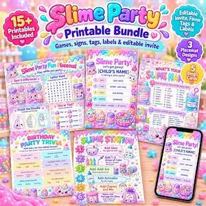 Puede incluir: Un paquete imprimible para fiesta de slime que incluye juegos, letreros, etiquetas y una invitación editable. El conjunto contiene manteles individuales, tarjetas de bingo y hojas de trivia con gráficos pastel de frascos de slime, cupcakes y dulces, decorados con texto brillante y divertido.
