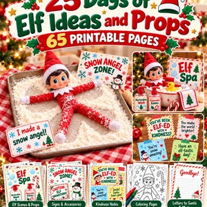 Elf Activity Kit Printable, 25-Day Christmas Advent Kit with Props and Coloring Pages
