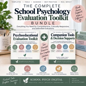Peut inclure: Le Complete School Psychology Evaluation Toolkit Bundle comprend deux livres : The School Psychologist's Psychoeducational Evaluation Toolkit et Companion Tools & Decision Supports. Les couvertures présentent du texte, des icônes et le logo School Psych Digital.
