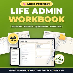 Cahier d'exercices pour la gestion du quotidien avec TDAH, Agenda d'organisation pour TDAH, Liste de contrôle pour la gestion du quotidien, Organiseur de documents, Suivi des renouvellements, Script d'appel, PDF à remplir