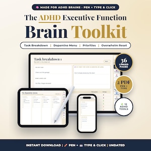 Puede incluir: El kit de herramientas ADHD Executive Function Brain Toolkit se muestra en una computadora portátil, tableta y teléfono inteligente. Incluye desglose de tareas, menú de dopamina, prioridades y reinicio de agobio con 36 páginas vinculadas.