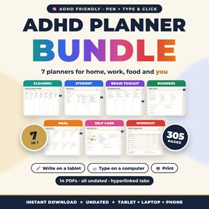ADHS-Planer-Bundle, 7-in-1-Druckplaner für Erwachsene, undatierter Lebensplaner, Planer für Reinigung, Mahlzeiten, Schule, Selbstfürsorge, ausfüllbares PDF