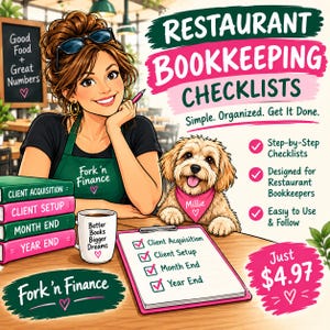 May include: A digital illustration featuring a person in a green apron, a small dog with a pink bandana, and a stack of books labeled Client Acquisition, Client Setup, Month End, and Year End. A clipboard shows a checklist and a mug reads Better Books Bigger Dreams.