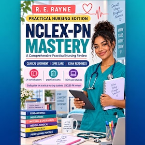 May include: A book cover titled NCLEX-PN MASTERY by R. E. Rayne, featuring a person in teal scrubs holding a tablet and notebook. The cover includes text about practical nursing, clinical judgment, and exam readiness, with a stack of colourful books.