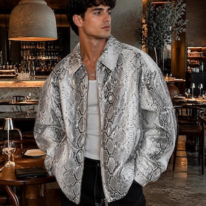 Men’s Python Leather Jacket  Exotic Snake Skin Coat  Luxury Outerwear oversized