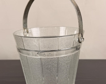 Vintage Clear Glass Barrel Ice Bucket | MCM  Barware Wood Grain Look Pail with Metal Handle