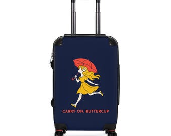 Carry On Buttercup Suitcase, Navy Hard Shell Luggage with Spinner Wheels, Retro Umbrella Girl