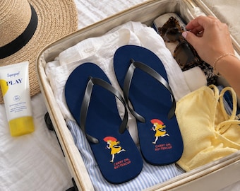 Carry On Buttercup Flip Flops, Cute Navy Beach Sandals, Size - MEDIUM