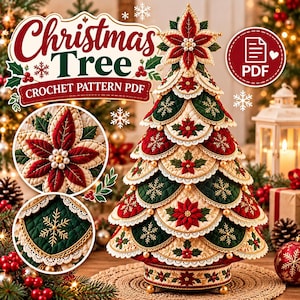 May include: A decorative Christmas tree crochet pattern PDF featuring a tiered tree design with red and green quilted fabric layers, white lace trim, gold snowflake embroidery, and poinsettia accents with pearl centers.