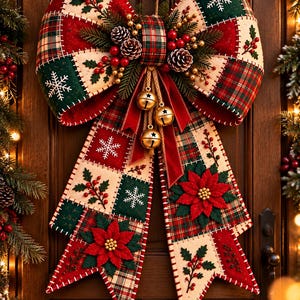 Quilted Christmas Bow Pattern PDF | Patchwork Bow Sewing Pattern | Felt Poinsettia Hand Embroidery Holiday Door Decor | Digital Download