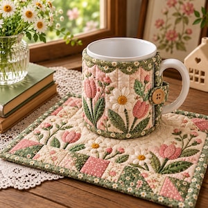 Op de afbeelding: Een witte keramische mok met een doorgestikte stoffen hoes met een bloemenpatroon van roze tulpen en witte madeliefjes, vastgezet met een houten knoop. De mok staat op een bijpassende doorgestikte stoffen onderzetter met een patchworkrand.