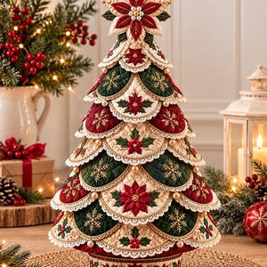 May include: A quilted fabric Christmas tree ornament featuring layered scalloped panels in deep red, forest green, and cream. The design includes embroidered poinsettia flowers, gold snowflake motifs, and small pearl-like beads along the edges.
