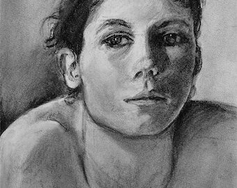 Original art. Charcoal portrait of woman black and white, vivid and expressive drawing by Vernon Grant 11" x 14" on charcoal paper, Bemused