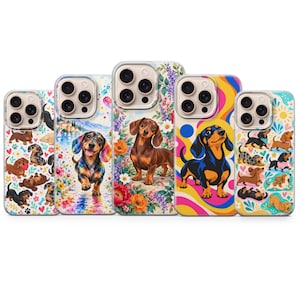 May include: Five smartphone cases featuring various artistic illustrations of dachshund dogs. The designs include colorful floral patterns, abstract wavy lines, and multiple small dachshunds in different poses against white and patterned backgrounds.