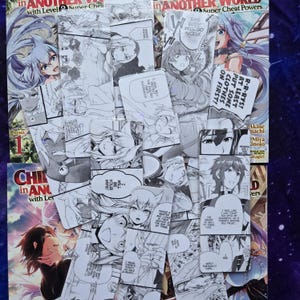 May include: A collection of manga-style art prints and book covers. The images feature black and white illustrations of anime characters with speech bubbles. The text includes phrases like "in ANOTHER WORLD" and "Super Cheat Powers".