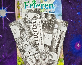 May include: A collection of rectangular bookmarks featuring black and white manga panels from Frieren: Beyond Journey's End. The bookmarks display various character illustrations and speech bubbles with text such as Then do as you wish.