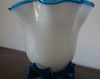 Large Handkerchief Style Vase - Blown White Glass with Bright Turquoise Rim and Base - Wide Opening for Large Flowers or Bouquets - c 8 x 9"