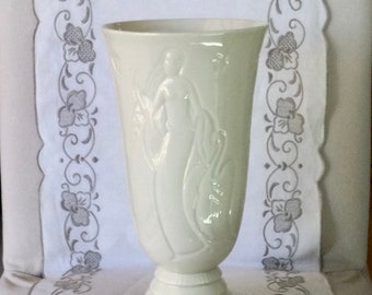 Vintage Vase Lenox Cream White Collector Art Nouveau Embossed - Green Wreath Made in USA Mark - Verified 1941 -  Maidens Swans & Flowers