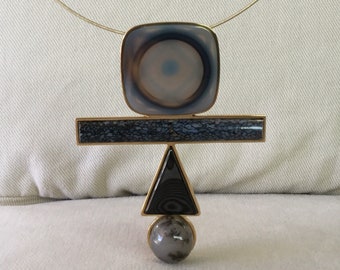Avant Garde Modern 18KY Gold Brooch w Square Agate, Petrified Dino Bone, Psilomelane & Dendritic Chalcedony Cabs-Unisex