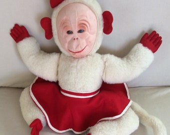 50s Vintage Cheerleader Monkey-Stuffed TOY - Fabric Face - Original PLUSH Lambs Wool - Felt Skirt - Made in England - Huggable Collectible