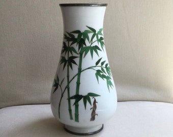 Japanese Cloisonne & Silver Enameled Vase - circa 7.5" H - Bamboo Pattern with Sterling Rim and Base Accents - Collectors Piece