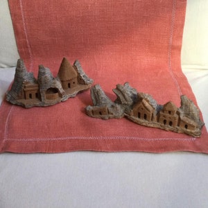 Mexican Folk Art Hand Carved Cottonwood Bark Village - Sold As Set of 2 - circa 1970 - Stamped Hecho En Mexico