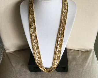 Monet Vintage Triple Strand Goldtone Link Chain Statement Necklace - c 25 to 27 in -c 1970s - Signed - Excellent Vintage Condition