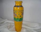 Vintage Vase Japanese-Early 1900s Antique-Tall Carved Satsuma Moriage Earthenware-Blue Birds-Hearts-Spinach Green and Egg Yolk Yellow -