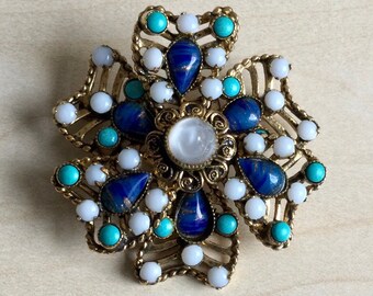Original By Robert Vintage Flower Brooch in Turquoise, Lapis & White Czech Glass Cabochons in Goldtone Metal - c 1950s - Signed - Copyright