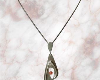 Mid Century Modernist Designer Henry Steig Sterling Silver with Coral Pendant Necklace - circa 1940s - Signed