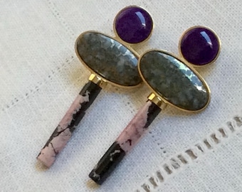 Avant-Garde Modernist Pendant Earrings w Sugilite, Mohawkite w Rhodonite Rods in 18KYGold by Carl Lewis Druckman