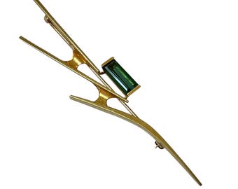 George Brooks Kinetic Design Brooch - 18K Yellow Gold and Tourmaline - Mid C Modernist - c 1950s to 60s - Signed